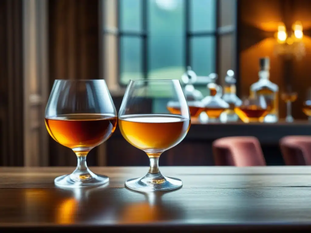 Dos copas de cristal con Armagnac y Cognac dorados en mesa de madera