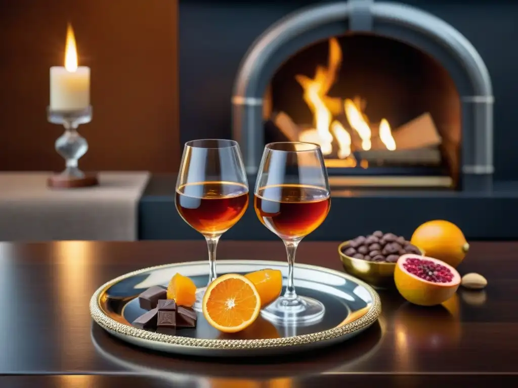 Dos copas de cristal con Armagnac y Cognac, junto a frutas secas y chocolate