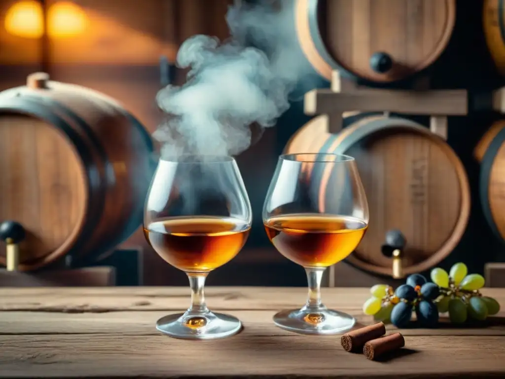 Dos copas elegantes con Armagnac y Cognac, rodeadas de uvas y barricas de roble, reflejando las diferencias entre Cognac y Armagnac