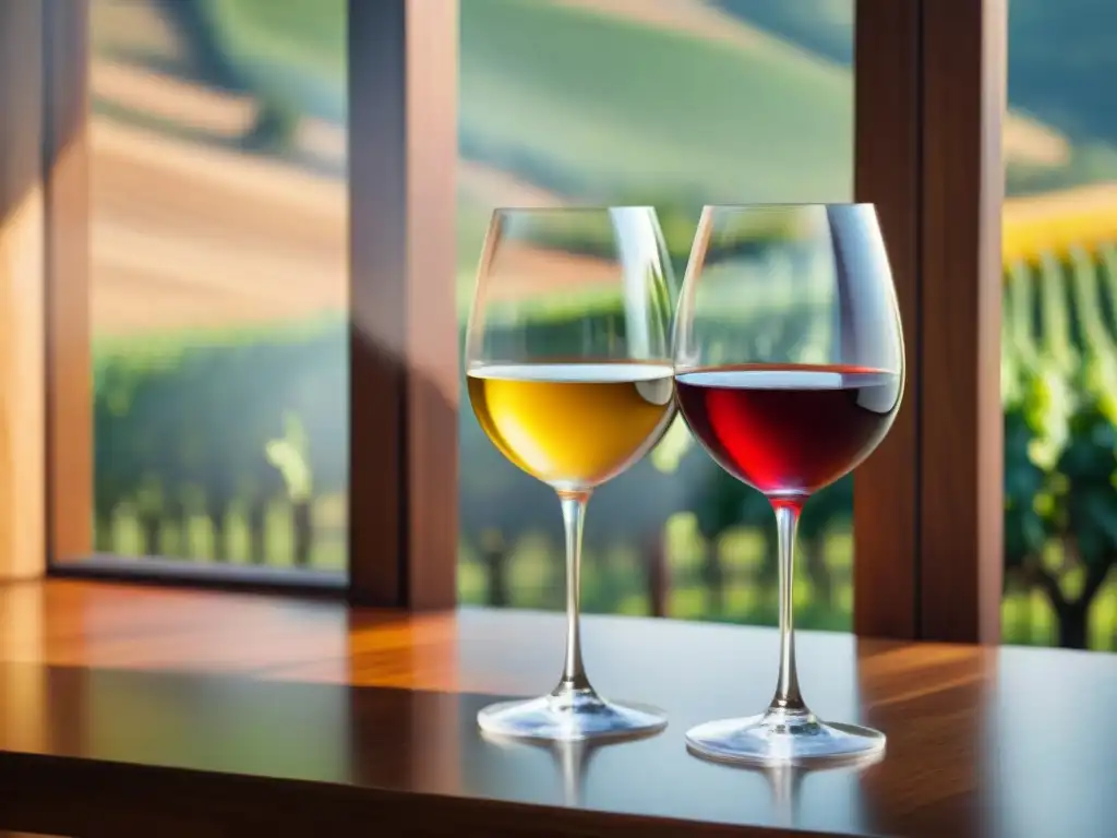 Dos copas de vino elegantes, una con vino tinto profundo y la otra con vino blanco dorado, sobre una mesa de madera rústica iluminada por luz natural