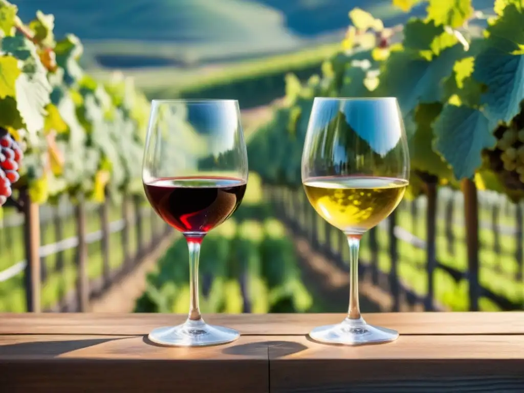 Detalles vívidos: vino orgánico vs Dos copas de vino, una tinto orgánico y otra blanco convencional, en una mesa de madera con viñedos al fondo