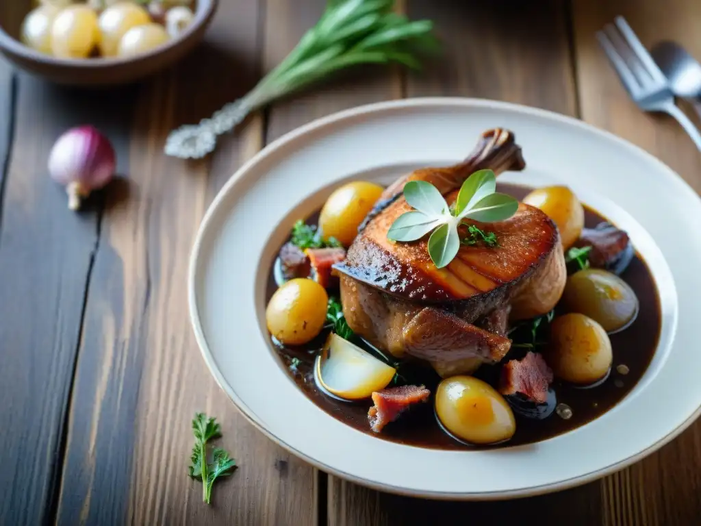 Un Coq au Vin perfectamente ejecutado en un plato de cerámica rústico sobre mesa de madera