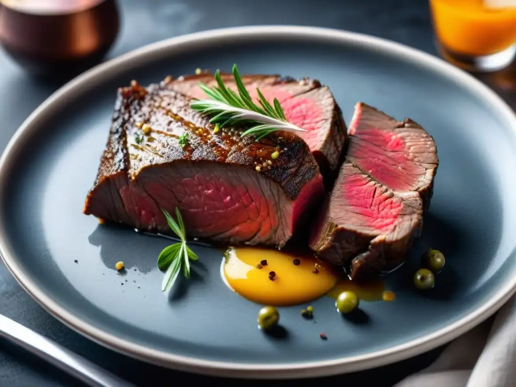 Corte perfecto de solomillo al sous vide, jugoso y con hierbas frescas, en plato blanco sobre fondo oscuro