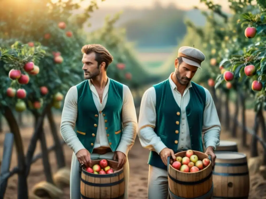 Cosecha de sidra francesa: productores en un huerto de manzanas, vistiendo trajes tradicionales, disfrutan del sol de la tarde