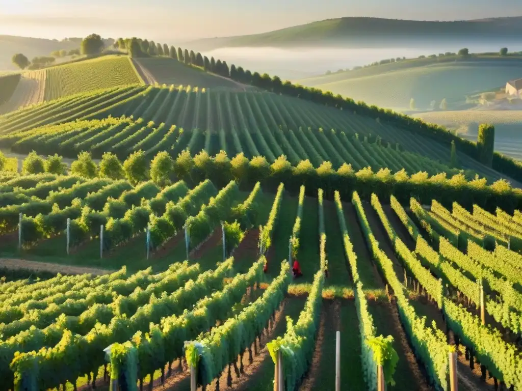 Cosecha de uvas en Francia: Amanecer dorado sobre viñedos de Champagne, recolectores de uva en la mañana serena