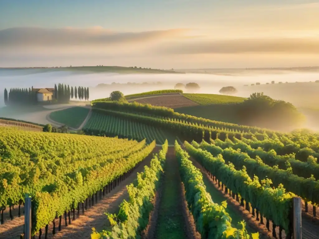 Cosecha de uvas en Francia: Amanecer dorado sobre los viñedos de Bordeaux, recolectores silueteados trabajan con esmero