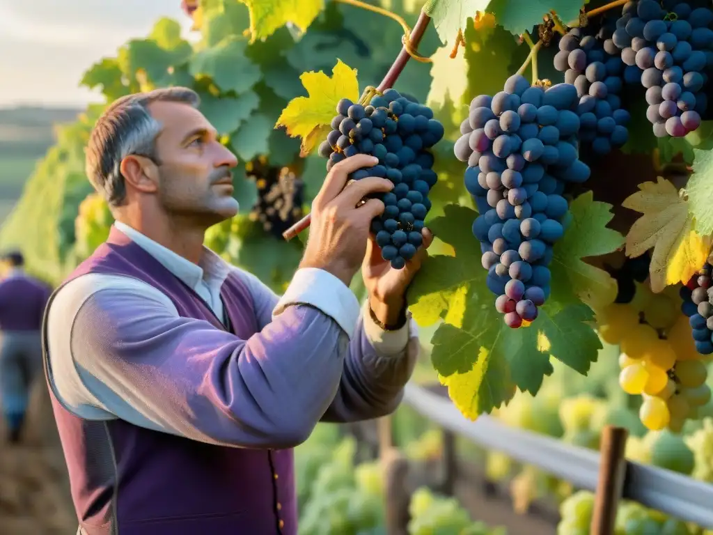 Cosecha de uvas en Francia: recolectores de uva en viñedos de Bordeaux al atardecer dorado