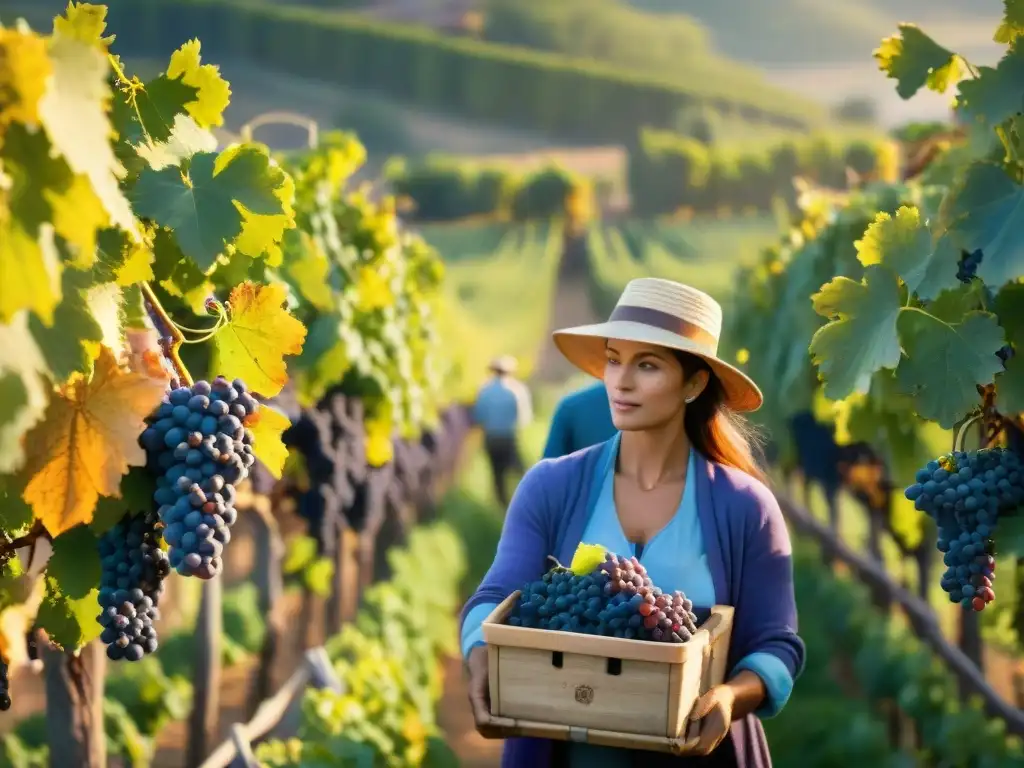 Cosecha de uvas en Francia: Viticultores cosechando uvas en viñedos franceses bajo el cálido resplandor dorado del atardecer