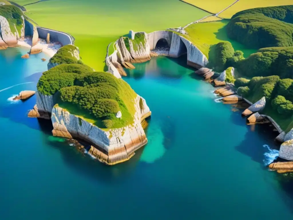 Costa de Bretaña: acantilados verdes y mar azul, círculo celta junto a barcos pesqueros