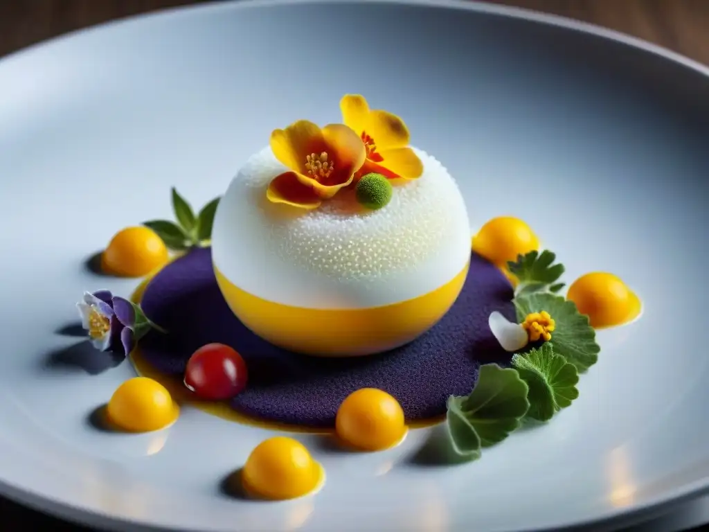 Creación culinaria innovadora de Ferran Adrià: espumas, esferas y flores en un plato blanco