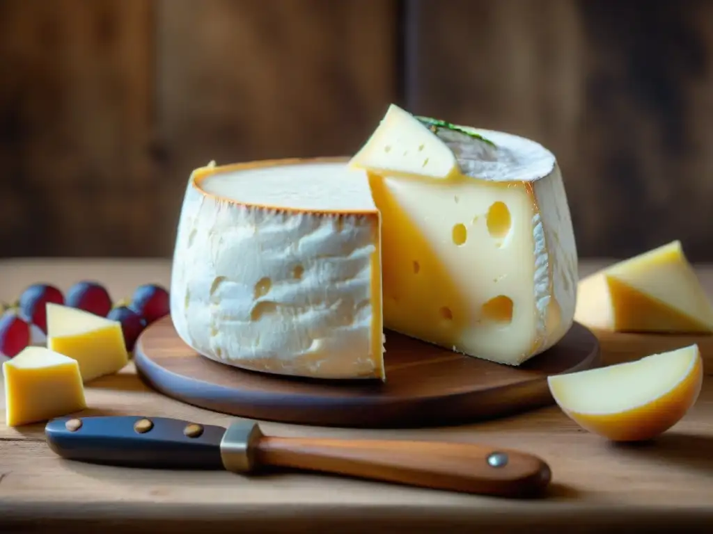 Fotografía creativa de quesos franceses: Detalles de un Camembert en tabla de madera rústica, iluminación suave y cocina francesa vintage