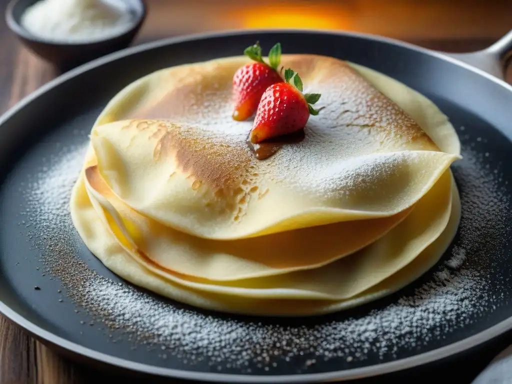 Un crêpe recién hecho es hábilmente volteado en una sartén caliente, destacando su color dorado y textura delicada