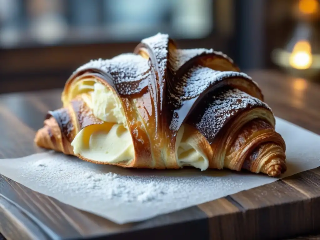 Un croissant decadente relleno de ganache de chocolate, espolvoreado con azúcar glas en un bistró en Le Mans