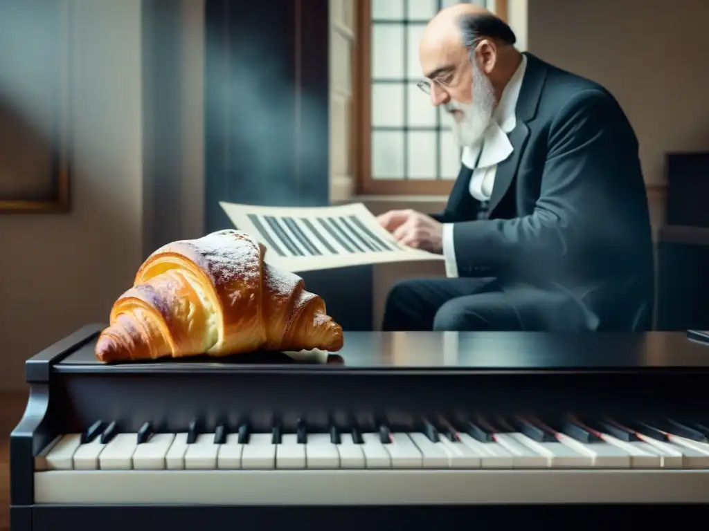 Un croissant delicado revela sus capas junto a Erik Satie en un piano, conexión entre dulces franceses, postres e inspiración