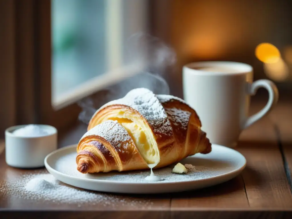 Un croissant dorado y escamoso con azúcar glasado, junto a un espresso