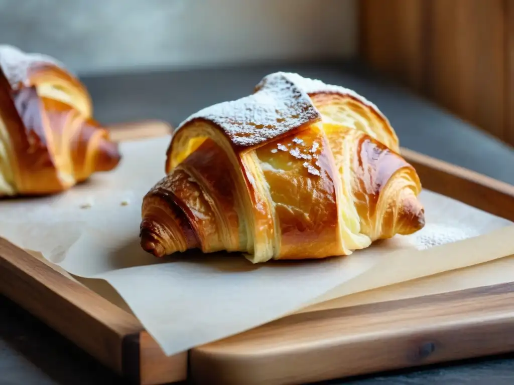 Un croissant dorado y escamoso, recién horneado, con capas de mantequilla y azúcar glas