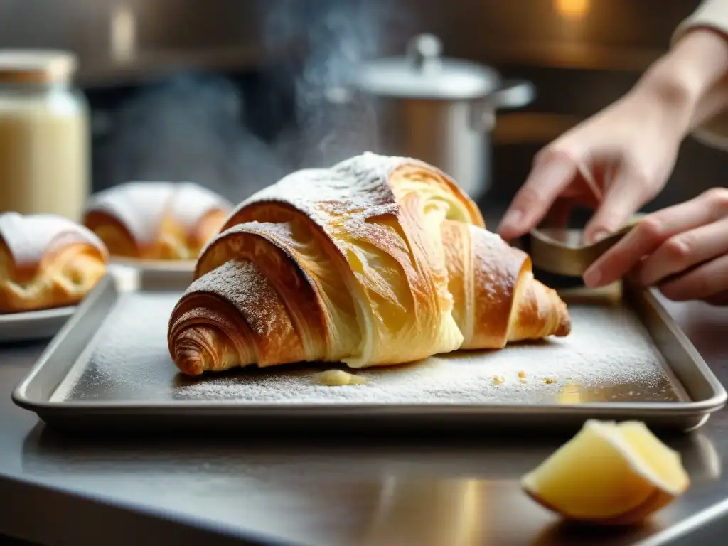 Un croissant dorado y escamoso recién horneado en una cocina francesa acogedora