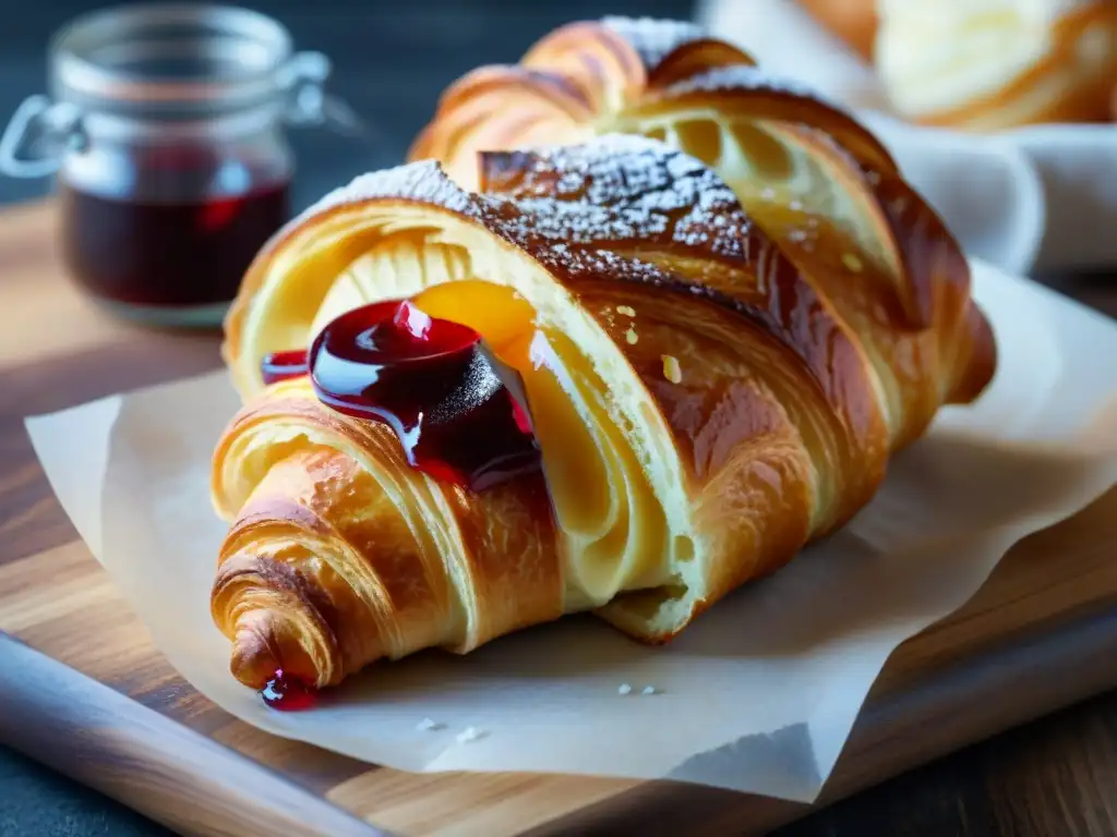 Un croissant dorado y escamoso con azúcar glass, mermelada de frambuesa y mantequilla cremosa