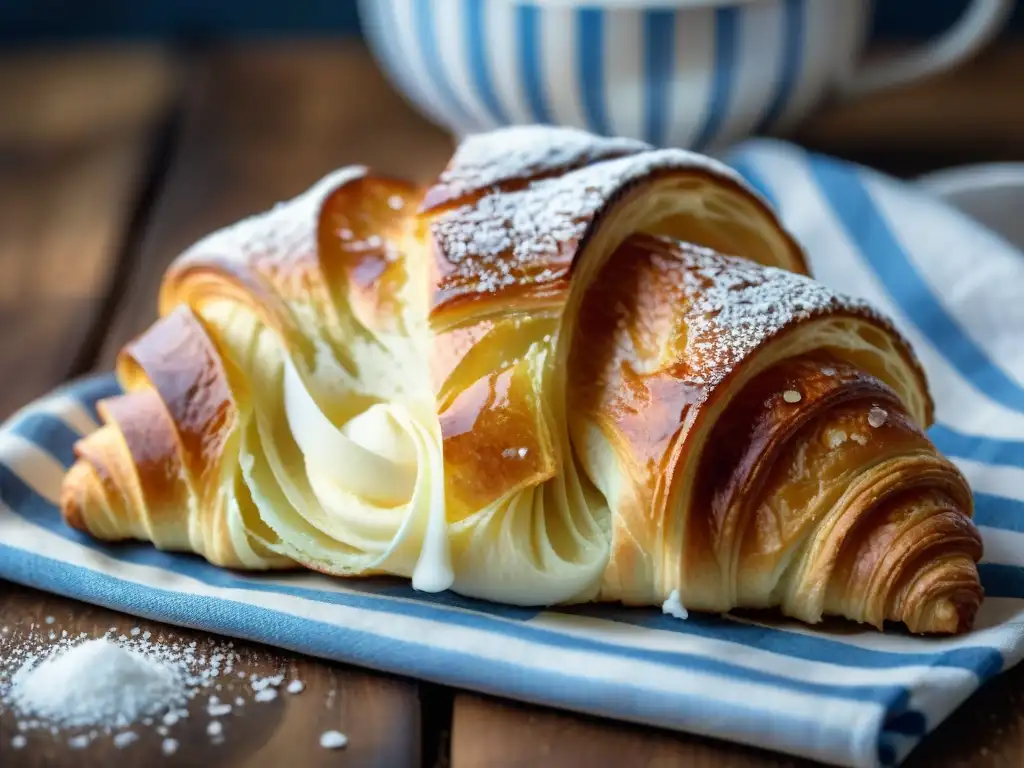 Un croissant perfectamente dorado y escamoso sobre una mesa rústica con un paño de cocina blanco y azul