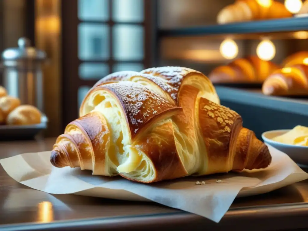 Un croissant dorado y escamoso en una panadería francesa encantadora