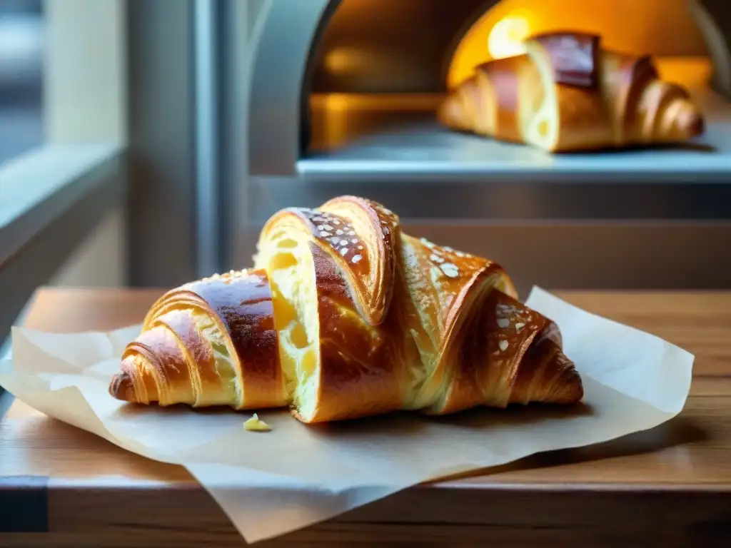 Un croissant dorado recién horneado en una panadería francesa tradicional, con capas y brillo de mantequilla, y panadero formando más