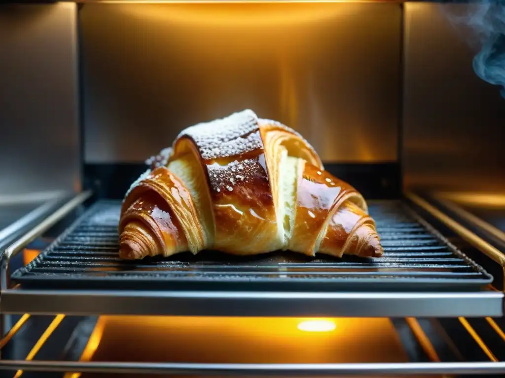 Un croissant dorado saliendo de un horno para recetas de pastelería francesa, mostrando sus capas y brillo