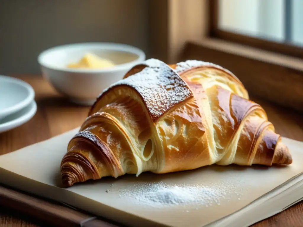 Un croissant dorado sobre una mesa rústica con un libro de cocina francesa moderna abierto