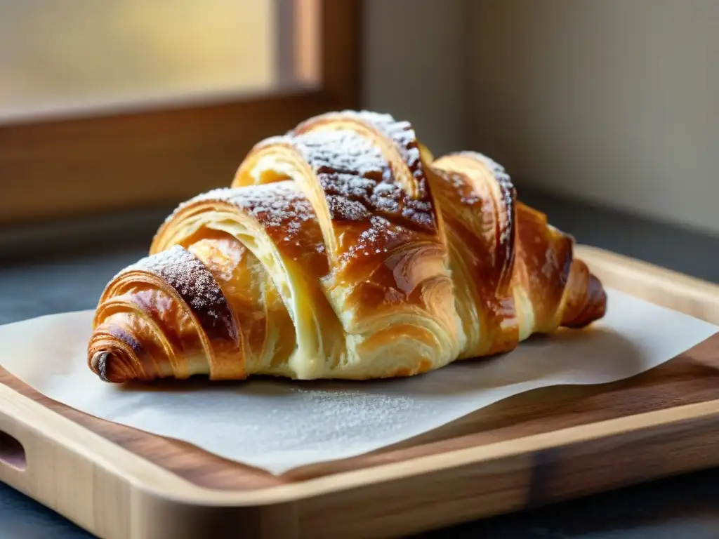 Un croissant dorado perfecto, recién horneado, en bandeja de madera