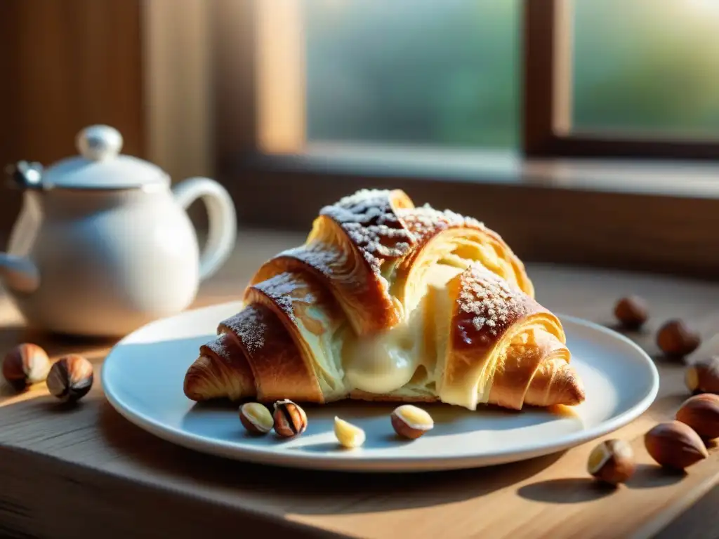 Un croissant francés recién horneado con avellanas, junto a una prensa de café, avellanas y luz cálida