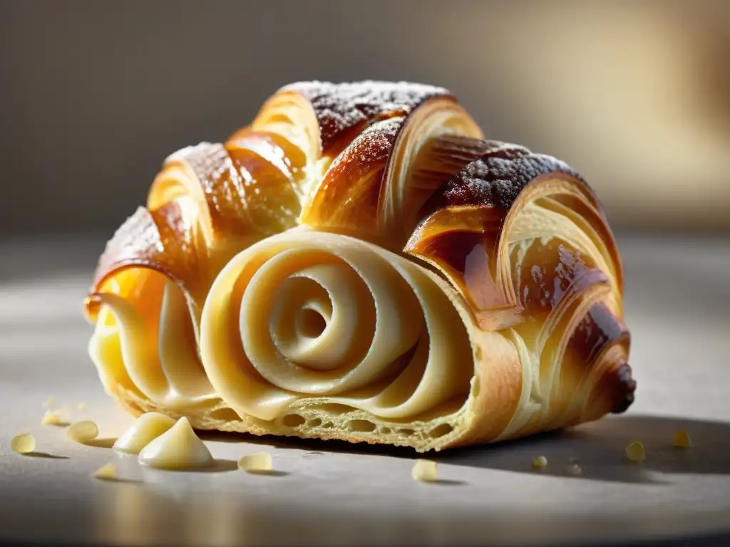 Un croissant perfectamente laminado, mostrando la delicada fermentación en repostería francesa