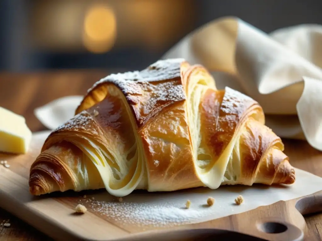 Un croissant recién horneado, dorado y delicado, sobre tabla de madera rústica