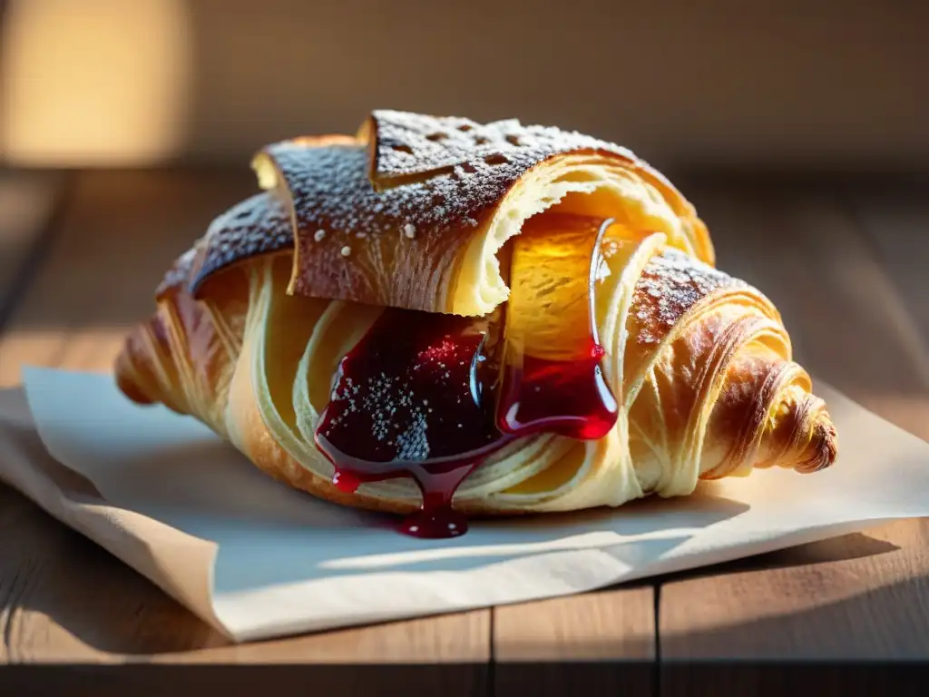 Un croissant recién horneado con capas doradas y mantequilla, acompañado de mermelada de frambuesa