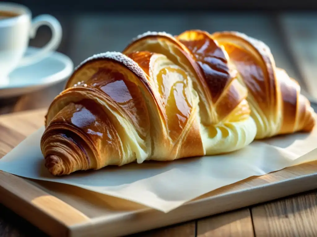 Un croissant recién horneado con una corteza dorada, junto a macarons y café