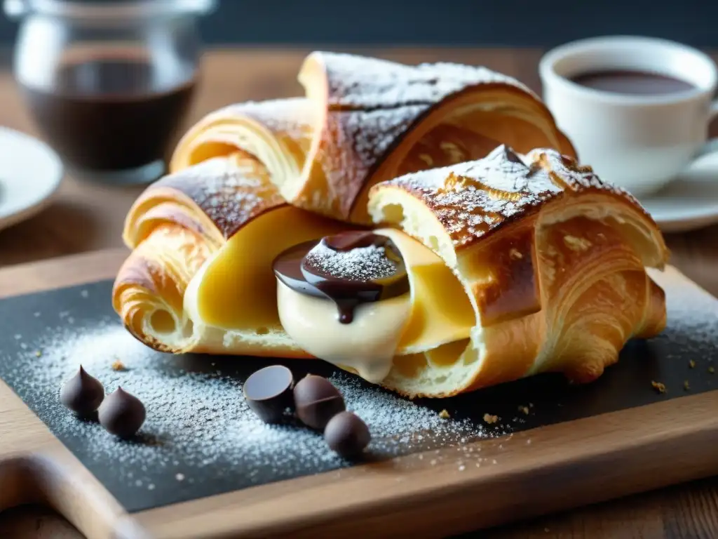 Un croissant recién horneado con una corteza dorada y migas alrededor, acompañado de ganache de chocolate