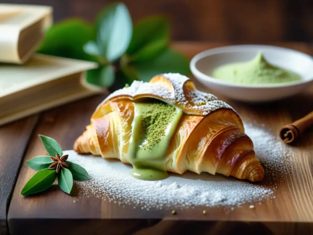 Un croissant recién horneado con crema de cardamomo, rodeado de libros de recetas francesas y mortero de latón vintage