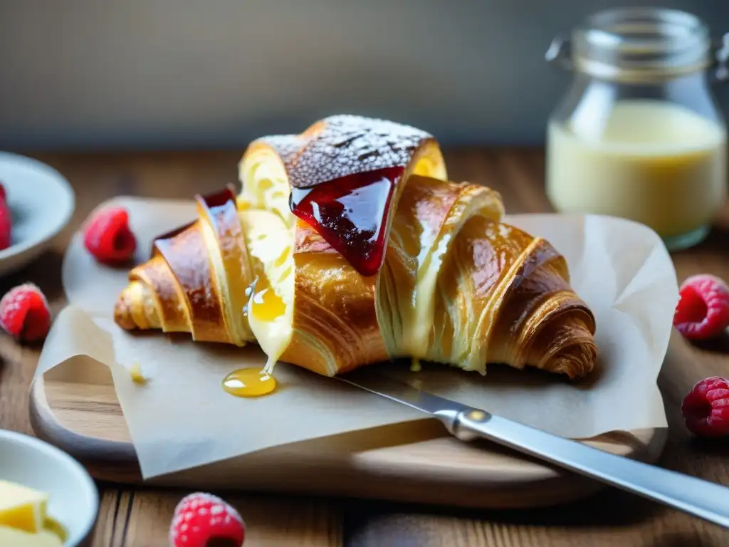 Un croissant recién horneado con mantequilla y mermelada, sobre tabla de madera