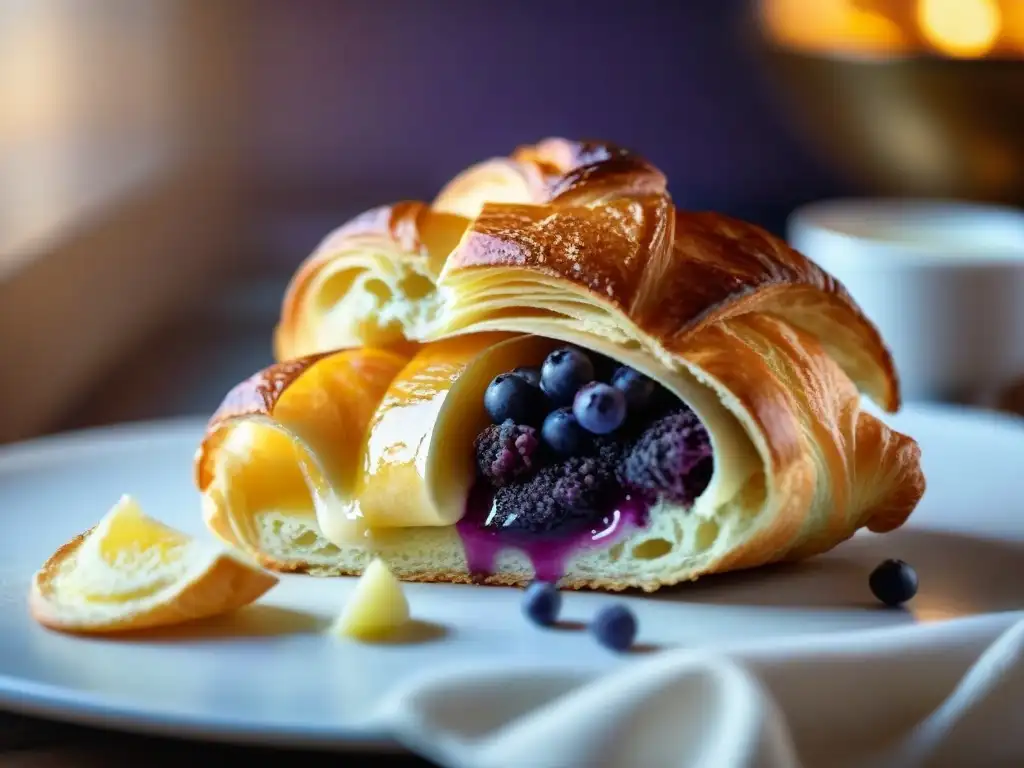 Un croissant recién horneado, relleno de crema de lavanda morada, cortado con detalle