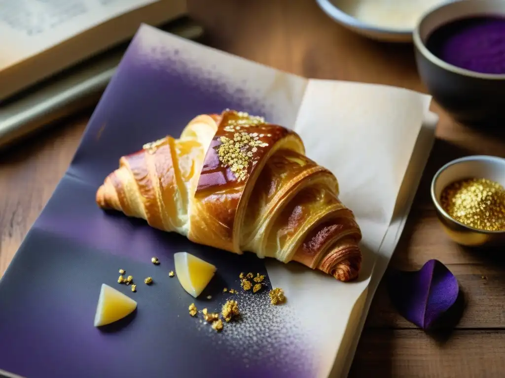 Un croissant recién horneado con relleno de camote morado y hojuelas de oro, rodeado de vainas de vainilla y un libro de cocina francés vintage