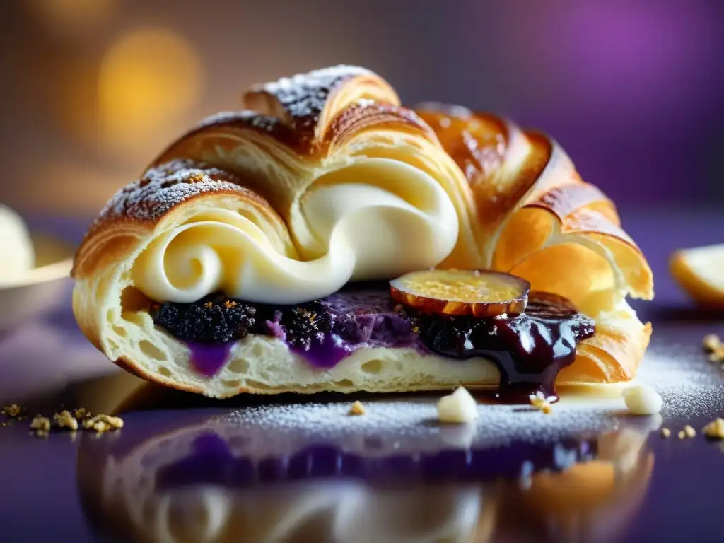 Un croissant recién horneado con sorprendente relleno de ube púrpura y hojuelas de oro