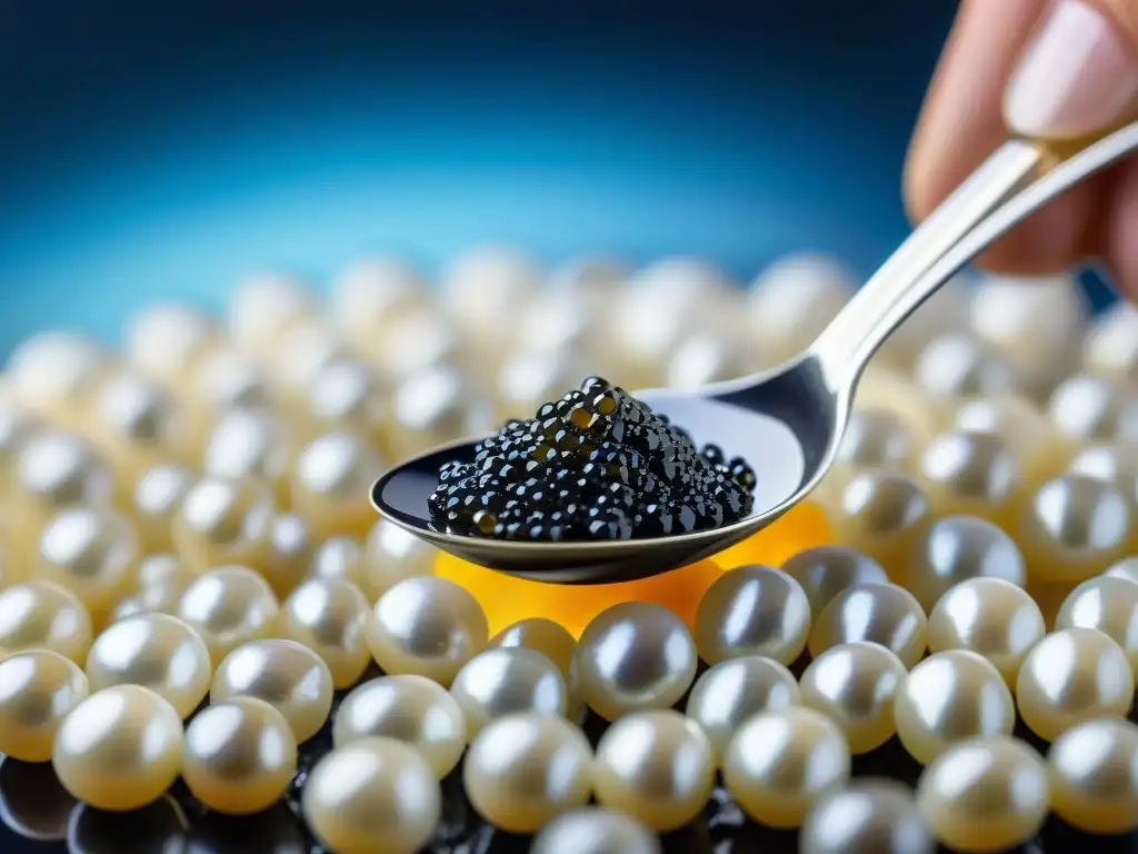 Una cucharilla de madreperla recoge caviar francés de alta calidad, resaltando su lujo y exquisitez