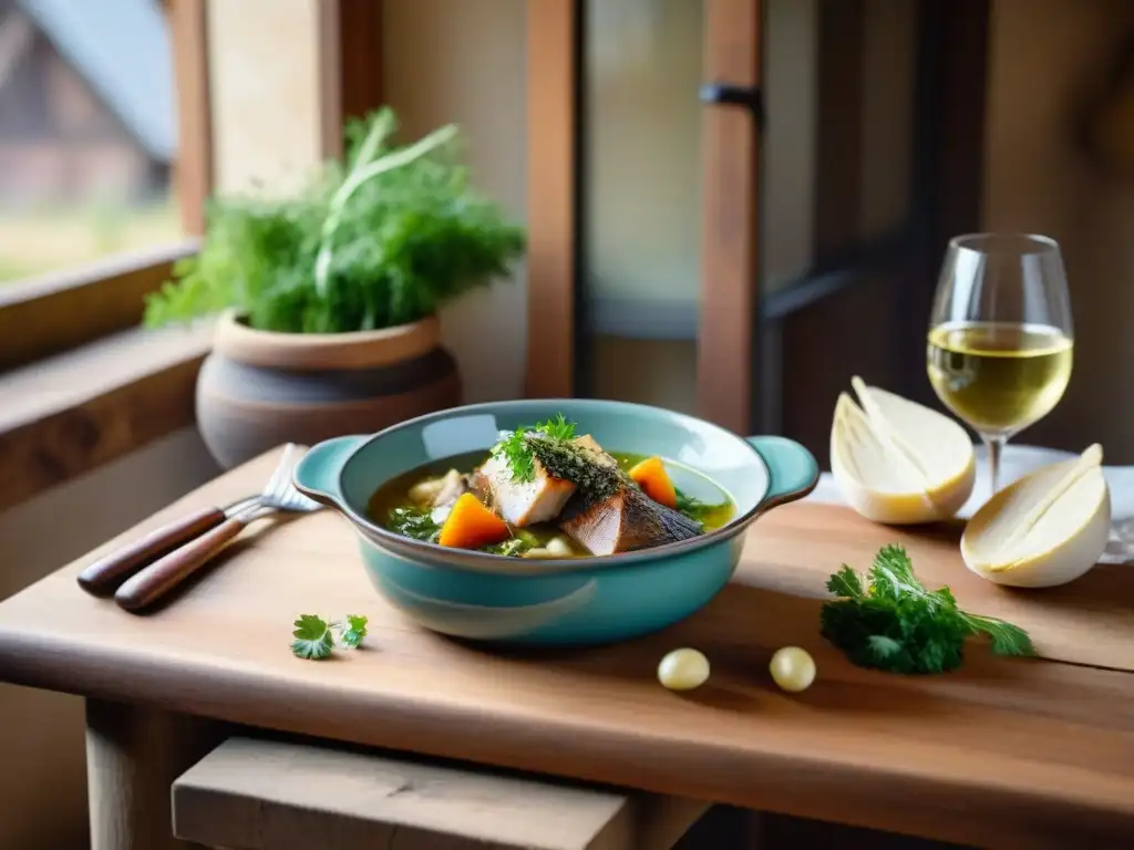 Un cuenco de cerámica con estofado de pescado alsaciano tradicional, adornado con hierbas y verduras, en una cocina rural alsaciana