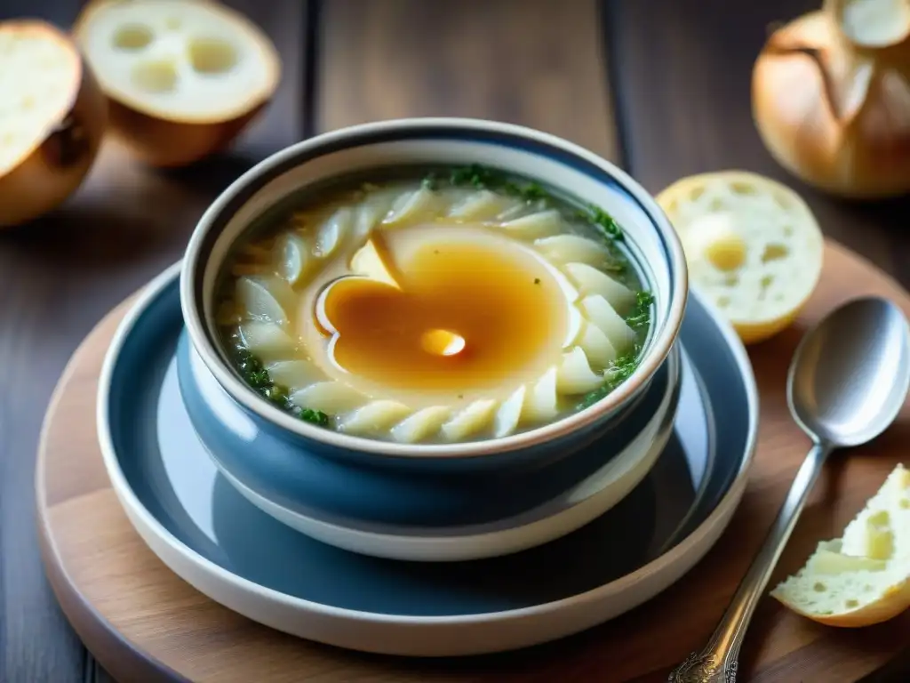 Un cuenco de sopa de cebolla Lyonnaise con queso Gruyère derretido y crutones dorados, resaltando la gastronomía francesa recetas tradicionales