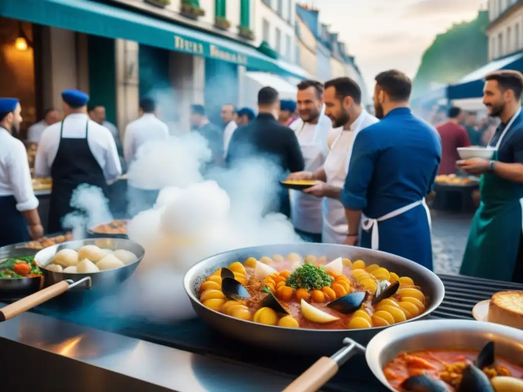 Celebración culinaria en París con chefs preparando Ratatouille