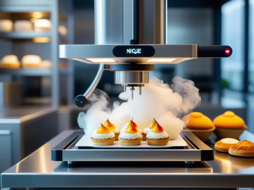 Innovación culinaria con impresión 3D: Chef supervisando la creación de exquisitos postres franceses en cocina moderna y elegante