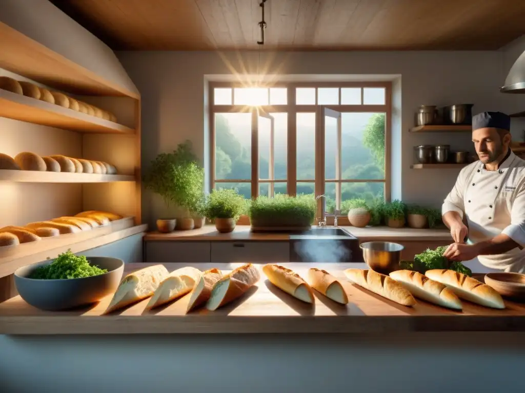 Una fotografía culinaria detallada de una cocina francesa tradicional, con un chef cortando baguettes frescos y ollas en el fuego