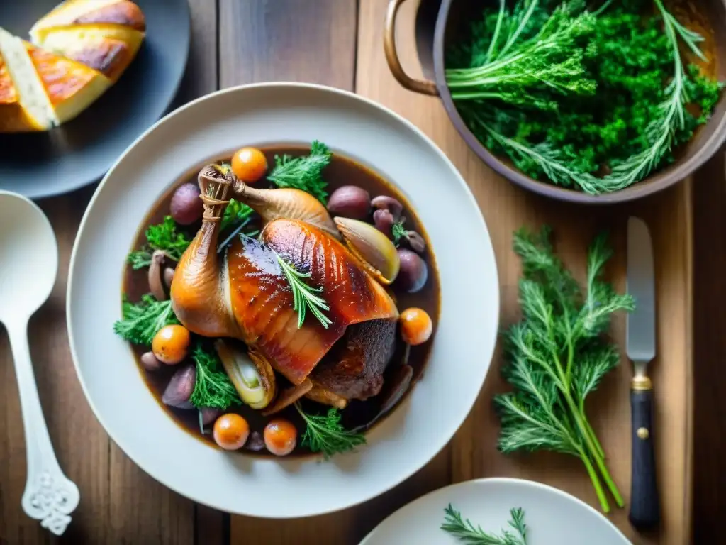 Fotografía culinaria de una exquisita presentación de Coq au Vin en una mesa rústica francesa