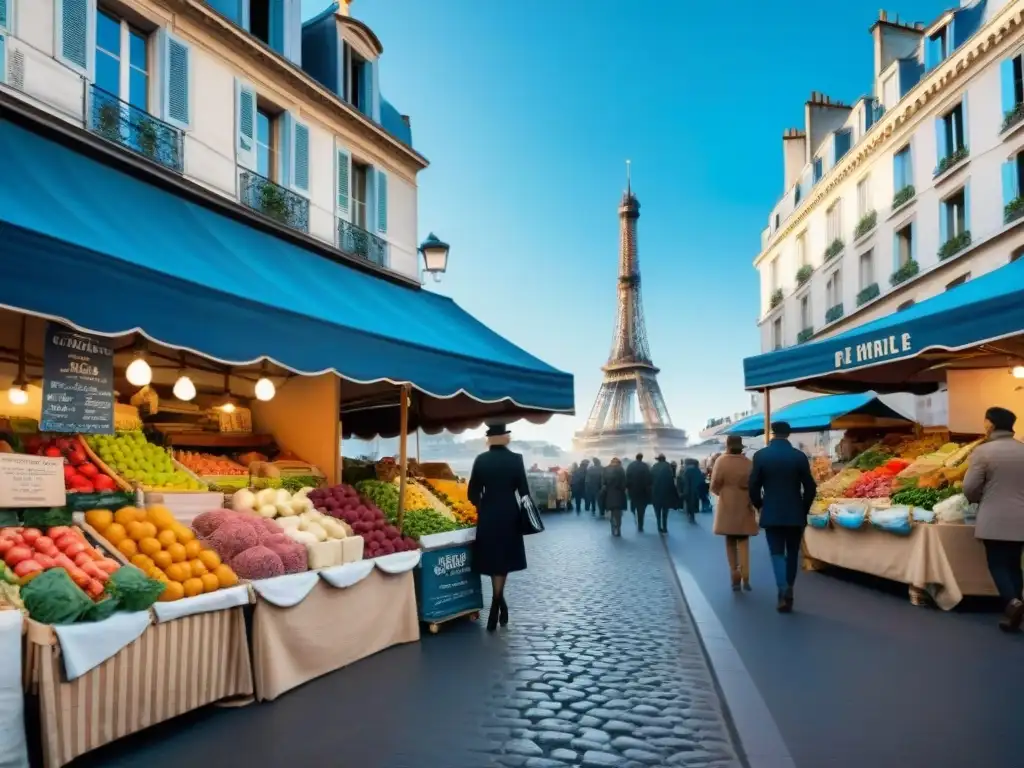 Innovación culinaria francesa global en vibrante mercado parisino con la Torre Eiffel al fondo