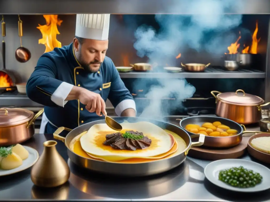 Transformación culinaria francesa siglo XIX: Cocina bulliciosa con chefs preparando platos franceses elaborados como Coq au Vin y Boeuf Bourguignon