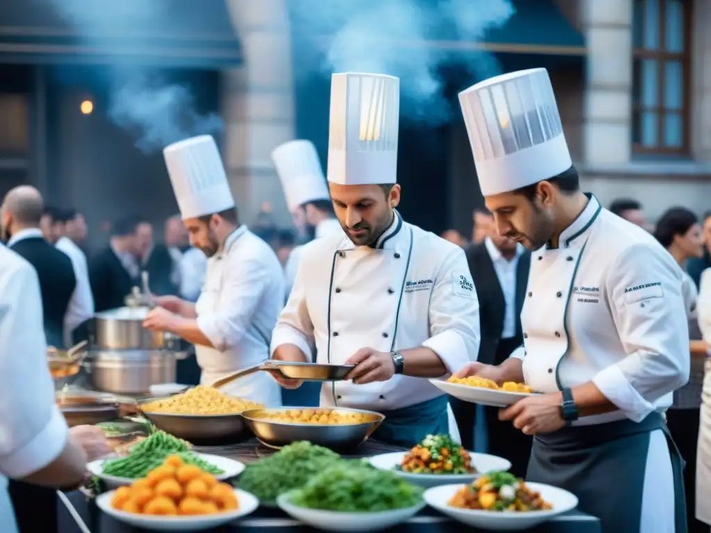 Innovación culinaria francesa en vivo: Chefs preparando exquisitos platos en un bullicioso evento culinario en París