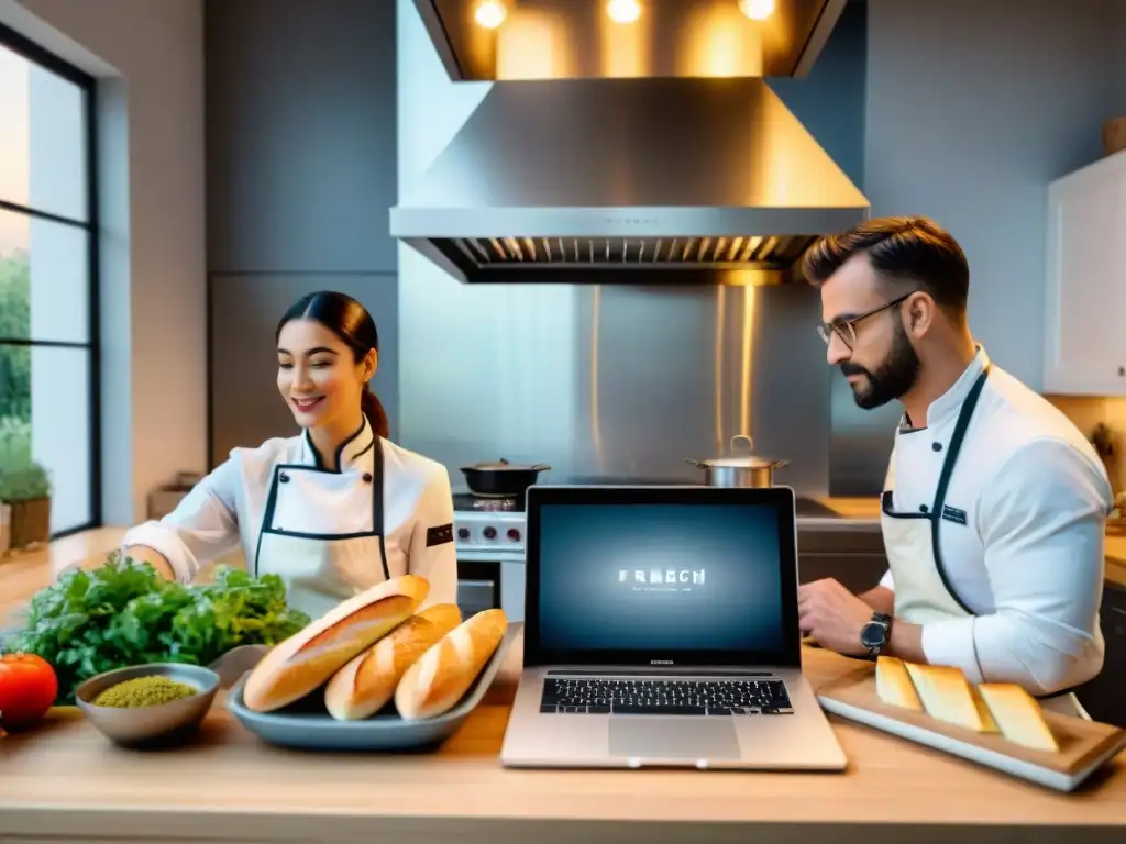 Cursos online gastronomía francesa: Clase virtual de cocina con chef francés y alumnos atentos en una cocina moderna